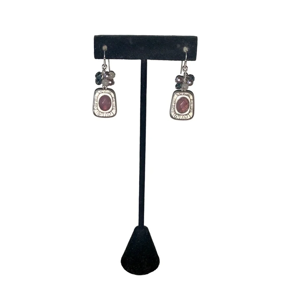 Sterling Silver Amethyst Color Stone Beaded Dangle Fishhook Earrings NWOT